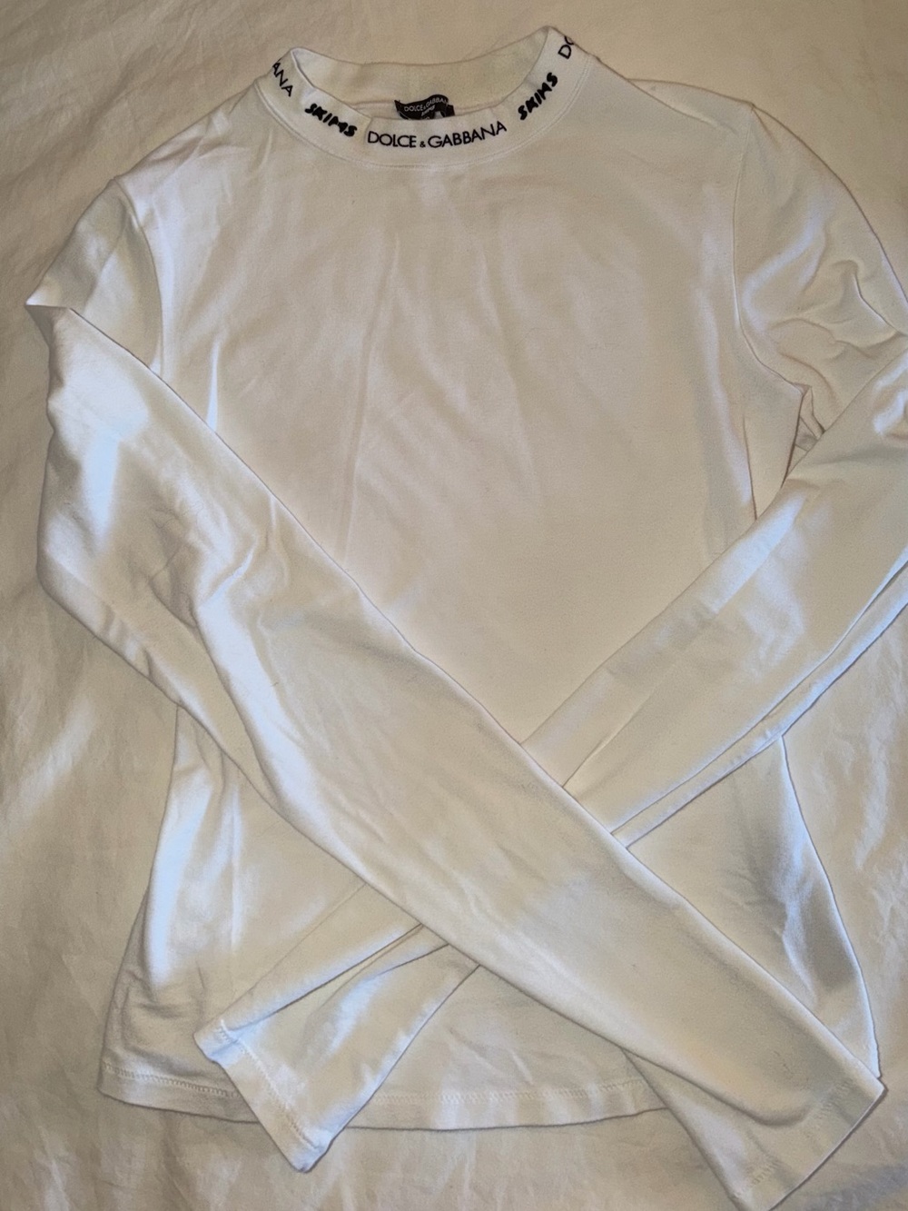Dolce & Gabbana White Long Sleeve Tee with Logo Neck